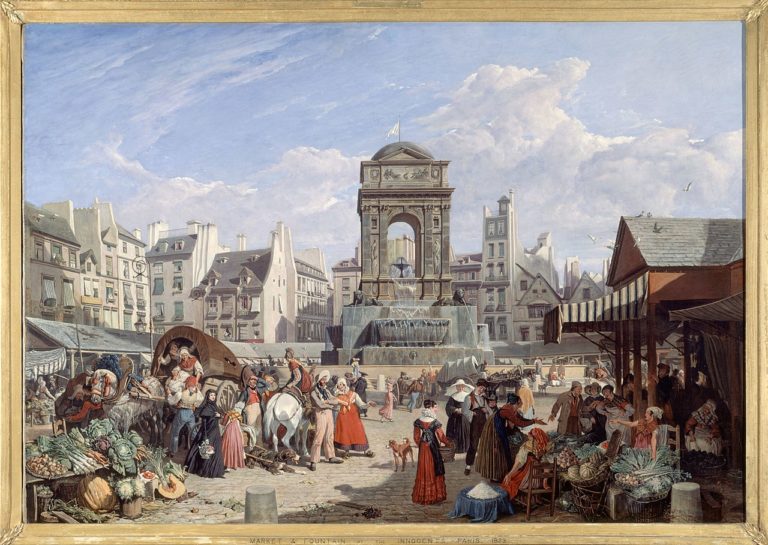 Historische Darstellung von Paris im 18. Jahrhundert mit Architektur und Straßenszene